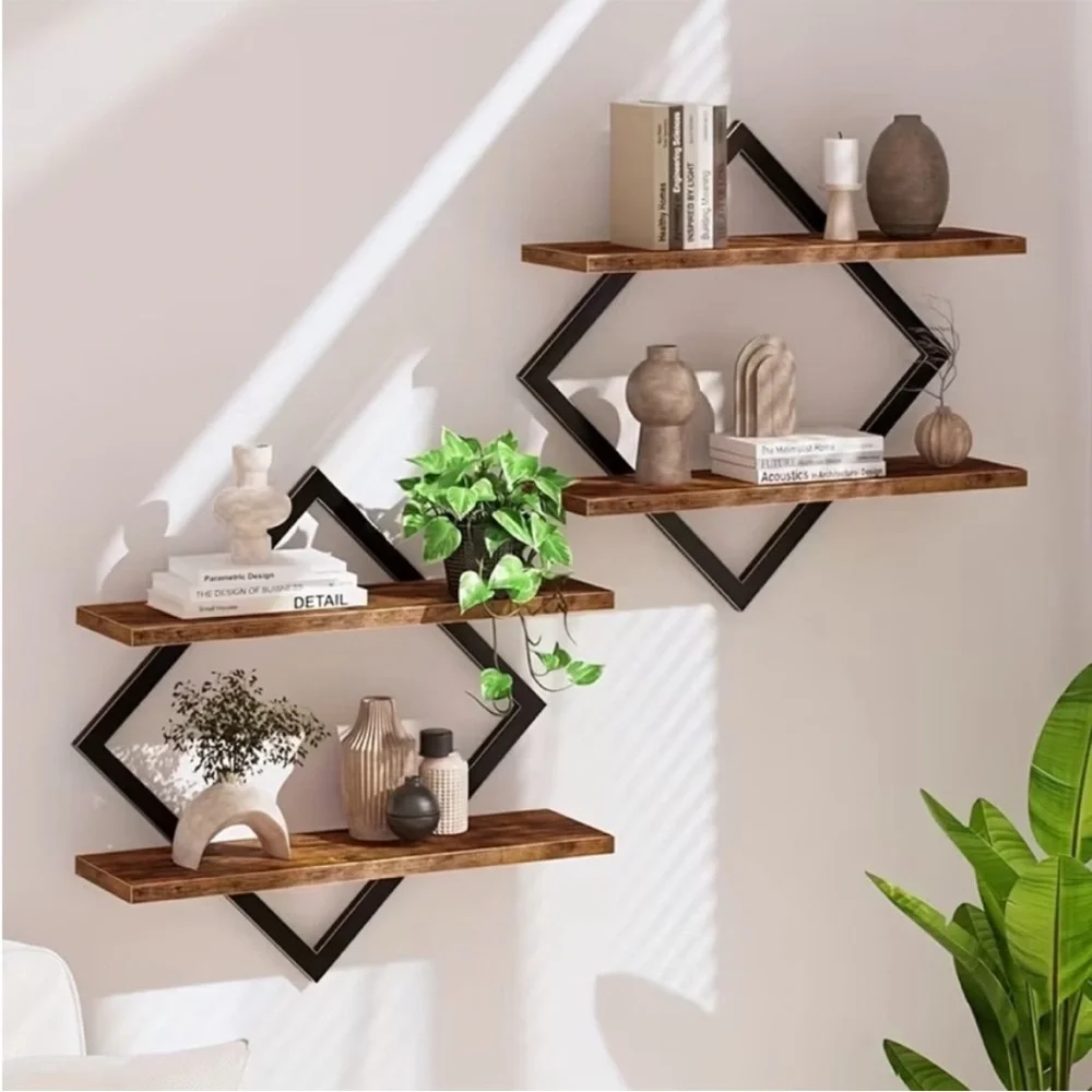 💠 Petite Black and Brown Diamond Floating Wall Shelves – Set of 2 Units
